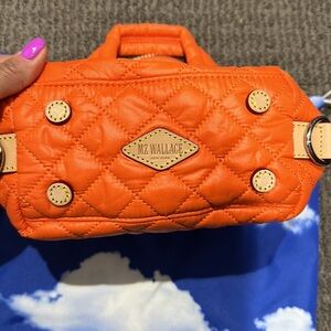 MZ Wallace Quilted Crossbody Bag in Bright Orange with Tan Accents